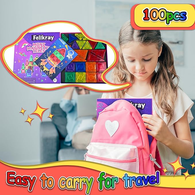 100pcs Mini Magnetic Tiles, Travel Kids Toys STEM Magnet Toy for Toddler Magnetic Blocks Building Preschool Learning Sensory Montessori Toy for 3+ Year Old Boys and Girls