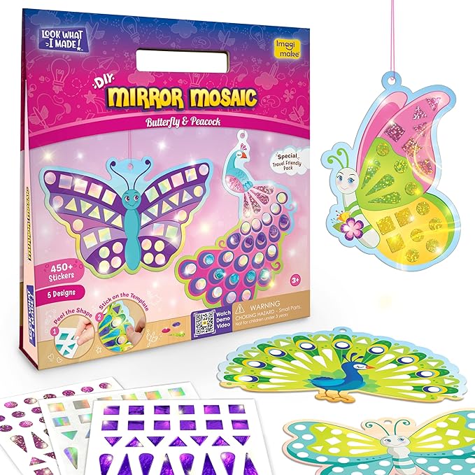 Imagimake Mirror Mosaic Butterfly & Peacock Kids Art Set | DIY Craft Kit | Foil Stickers for Kids | Mosaic Kit | Travel Toys | Birthday Gift for Girls and Boys Ages 3,4,5,6,7,8