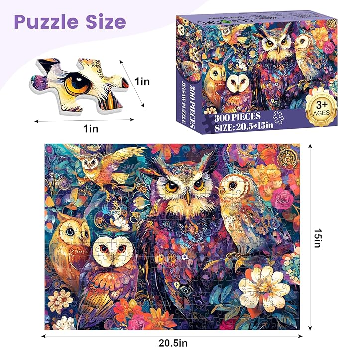 300 Pieces Owl Puzzle for Adults, Bird Puzzle 300 Pieces Recycled Cardboard Jigsaw Puzzles for Adults, Family Challenging Game Home Decor Gift Toy for Teens Kids Seniors 20.5×15 in