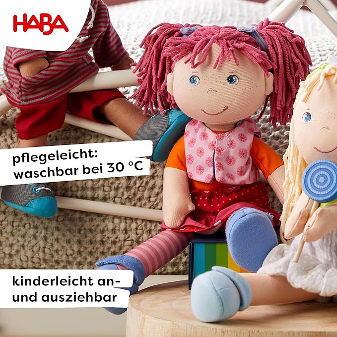 HABA Lilli-Lou 12" Soft Doll with Pink Hair in Pigtails, Blue Eyes & Embroidered Face, Machine Washable Baby Doll for Ages 18 Months+