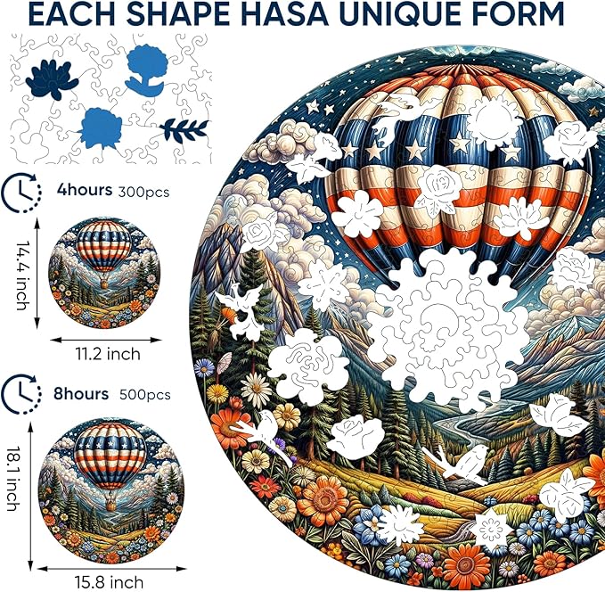 Wooden Puzzles, Hot Air Balloon Jigsaw Puzzles 200 Piece, Medium, Unique Shape Animal Adult Puzzles, Irregular Best Gift for Adults and Kids Family Game (11.2x14.4 in)