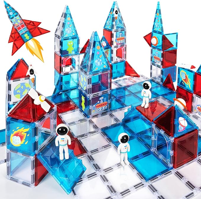 cossy Magnetic Tiles Space Set, Magnet Tiles with Astronaut, Magnetic Tiles for Kids Ages 4-8, STEM Toys, Magnet Blocks for Boys and Girls, Creative Building Toys, Space