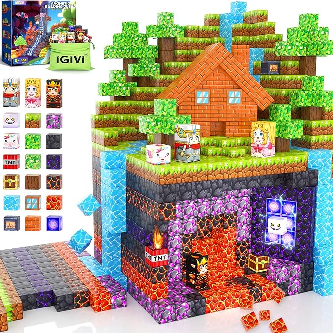 Magnetic Blocks - Build Mine 3D Magworld Forest Lava Set, STEM Magnetic Building Blocks for Kids Ages 4-6 6-8 8-12, Educational Sensory Toys for Toddlers, Birthday Gifts for 3+ Years Old Boys & Girls