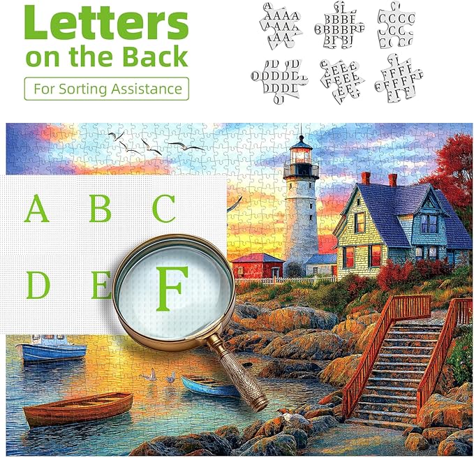Lighthouse Sunset 500 Piece Puzzles for Adults Colorful Coastal Scene with Boats Jigsaw Puzzles 500 Pieces Seaside Landscape Family Puzzle Challenging Family Puzzle Games Gift for Adults (21"x15")