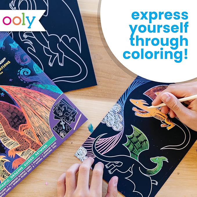 Ooly Scratch & Scribble 10pc Art Kit with 8 Total Scratch Cards (4 Illustrated, 2 Blank, 2 Rainbow) with Scratching Tool and Sparkled Stickers, Art Set Gifts for Kids - Dragons