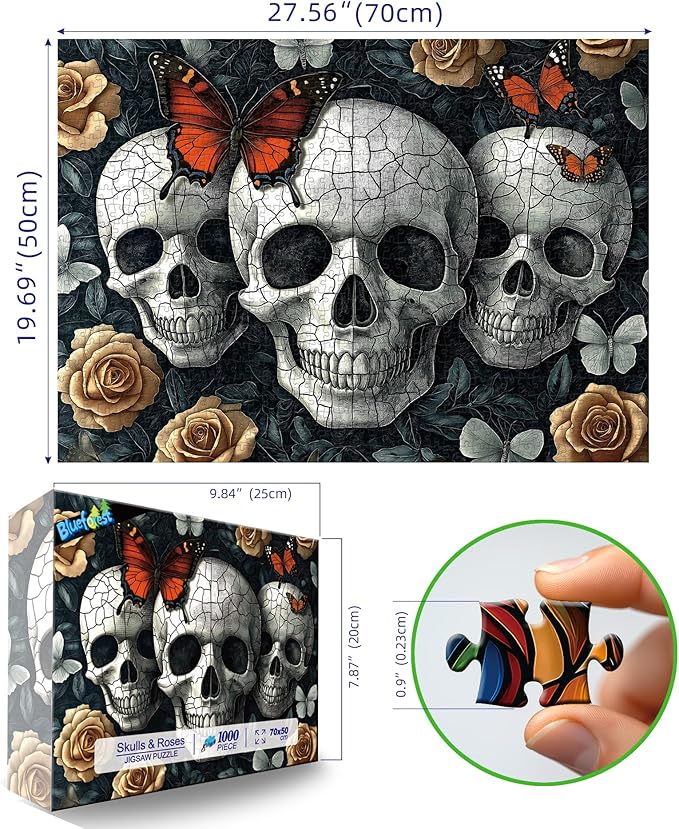 Halloween Gothic Skulls & Butterflies 1000 Piece Puzzle for Adults - Dark Fantasy Jigsaw Puzzle with Intricate Skulls, Monarch Butterflies & Roses - Challenging 1000-Piece Puzzle for Adults(27"x19")