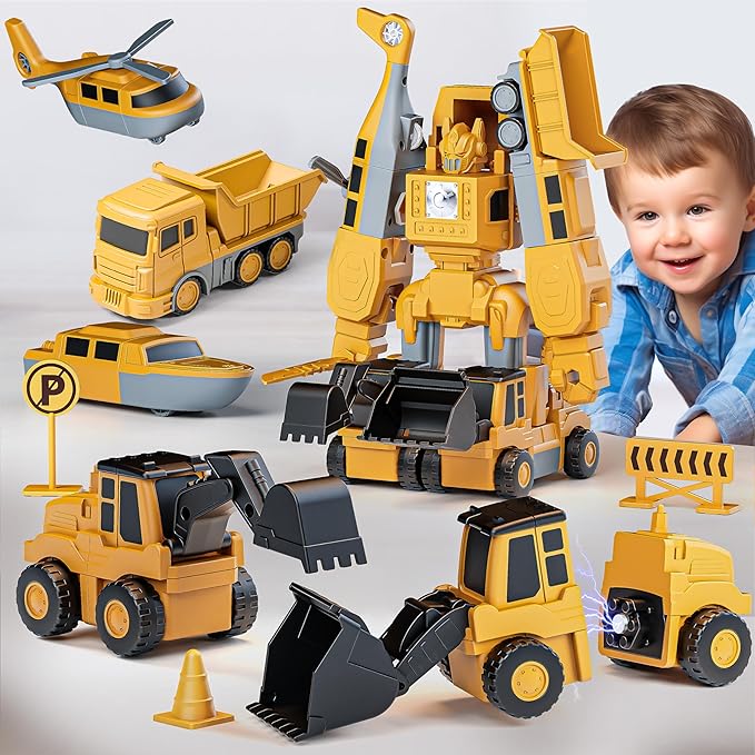 Transforming Robot Toys Set for Boys, 6 in 1 Magnetic Construction Trucks Transform Robot Play Vehicles with Storage Box (Construction Toys)