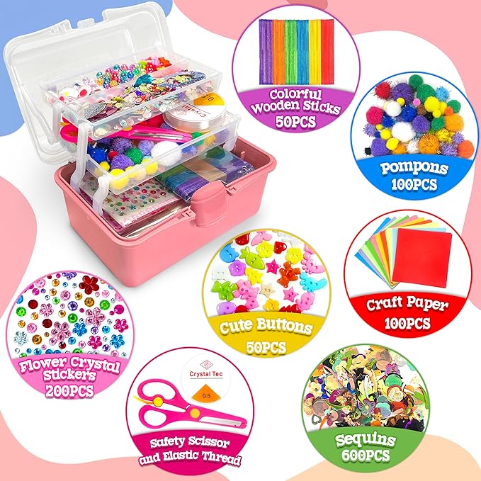 LINAYE 2500+PCS Arts and Crafts Supplies for Kids, DIY Craft Supplies Kit Box for Ages 6-8, Arts and Crafts Kit for Kids, Crafting Supply Set for Girls Boys Birthday Christmas Gifts, Deep Pink