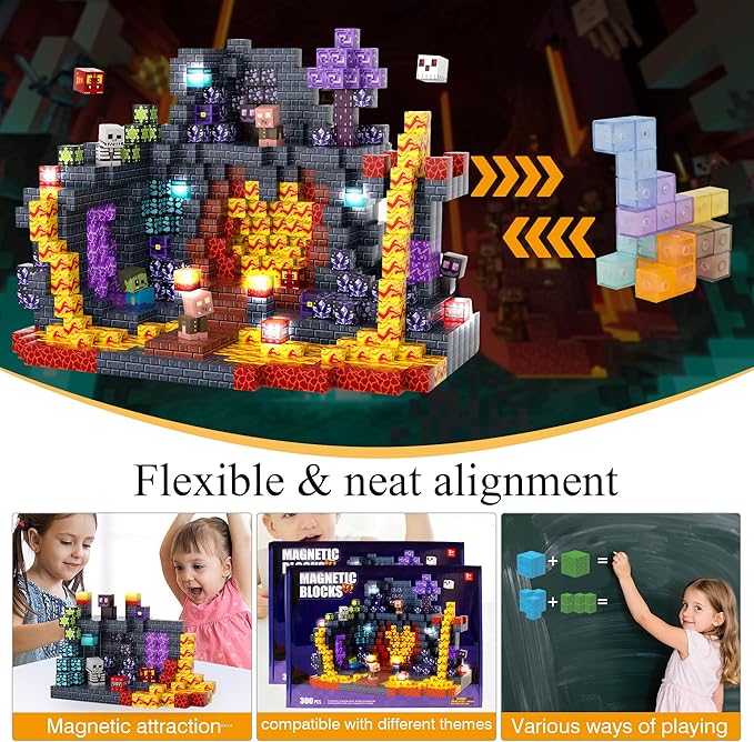 Magnetic Tiles Building Blocks for Kids Ages 3+, STEM Toys for Toddlers, 300PCS Magnetic Construction Set with Storage Bag, Educational Birthday Gifts for Boys & Girls (Mine)