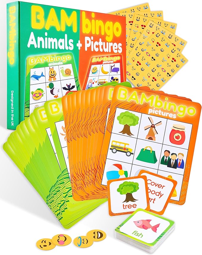 THE BAMBINO TREE Animal and Picture Bingo Game for Kids - Flash Cards Matching Learning Board Game for Ages 3-6 Preschool, Kindergarten & Family Fun