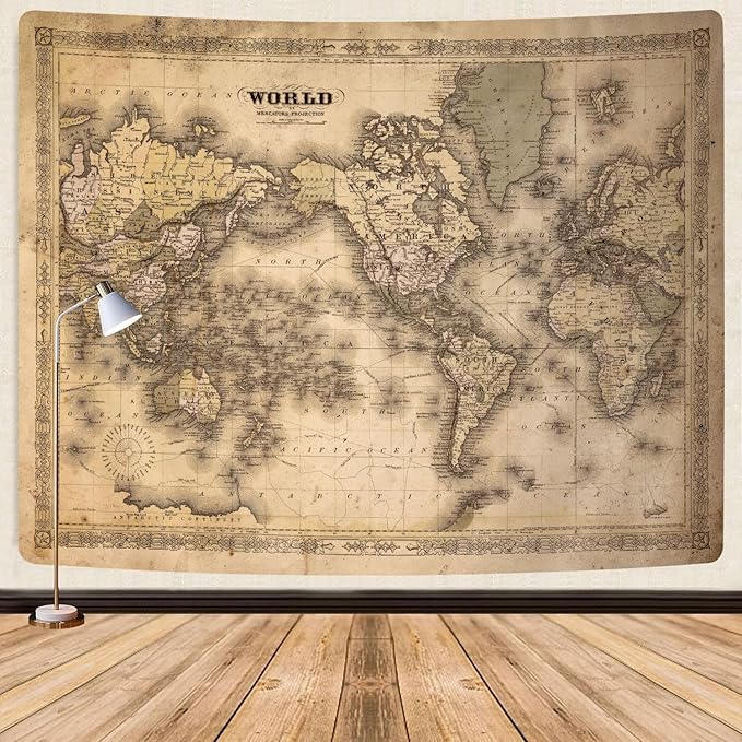 GOAOK Retro Old World Map Tapestry, Vintage Map Asian Northern European Topography Earth Educational Tapestry for Classroom, Brown Adventure Travel World Map Office Tapestry Wall Art 80"X60"
