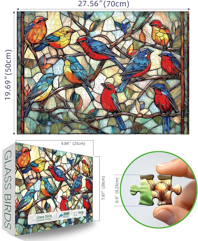 Stained Glass Birds 1000 Piece Puzzle for Adults - Challenging Vintage Window Art Jigsaw Puzzles, Family Game Night Activity, Finished Size 27.6 x 19.7 Inch