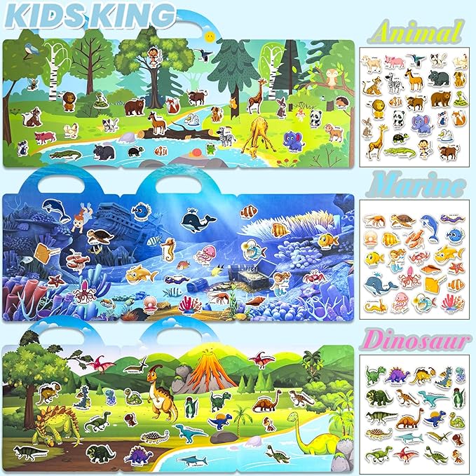 6 Pack Reusable Sticker Books for Kids, Waterproof Puffy Stickers - Toddler Travel Essential Quiet Time Activities Toys - Animal, Marine, Dinosaur, Traffic, Space and Organ (2-6 Age)