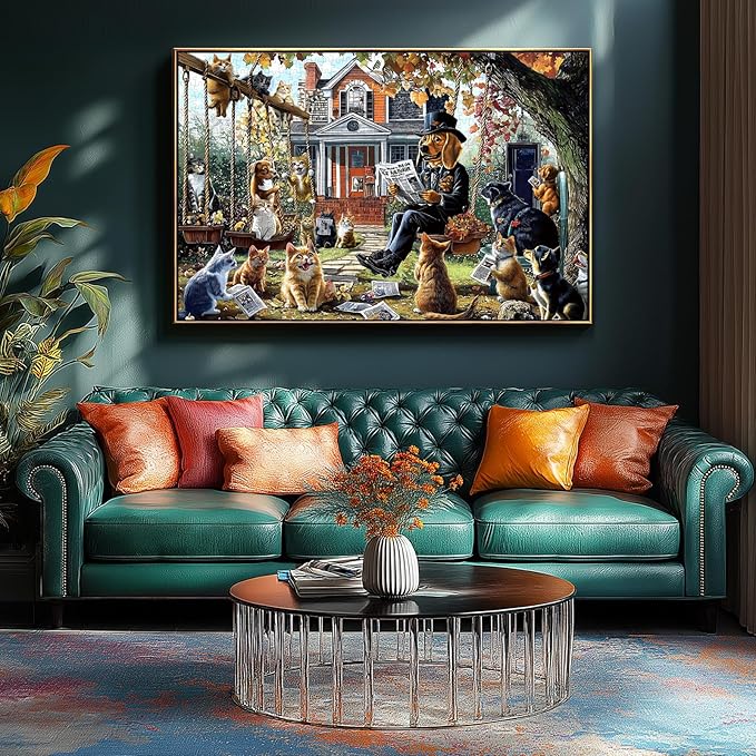 Cats and Dogs 1000 Piece Puzzle for Adults Unique Fall Scene with Victorian House Jigsaw Puzzles for Adults 1000 Pieces Family Challenging Puzzle (27.5"x19.6")