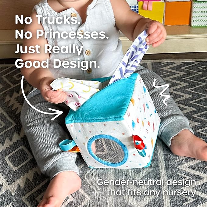 Quiggly Soft Fabric Tissue Box Toy for Babies- Montessori Sensory Development Toy for 6-12 Month Olds - 100% Cotton, Crinkle Tissues, Ribbon Details, Safety Mirror- Ideal for Infant Gross Motor Skills