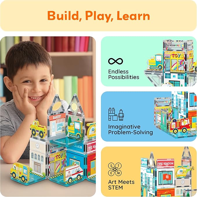 PicassoTiles Magnet Tile Building Blocks Metro City Themed Playset with 8 Character Action Figures Magnetic Tiles STEM Learning Early Education Toy Construction Set Toddlers Boys Girls Ages 3+ PTQ24