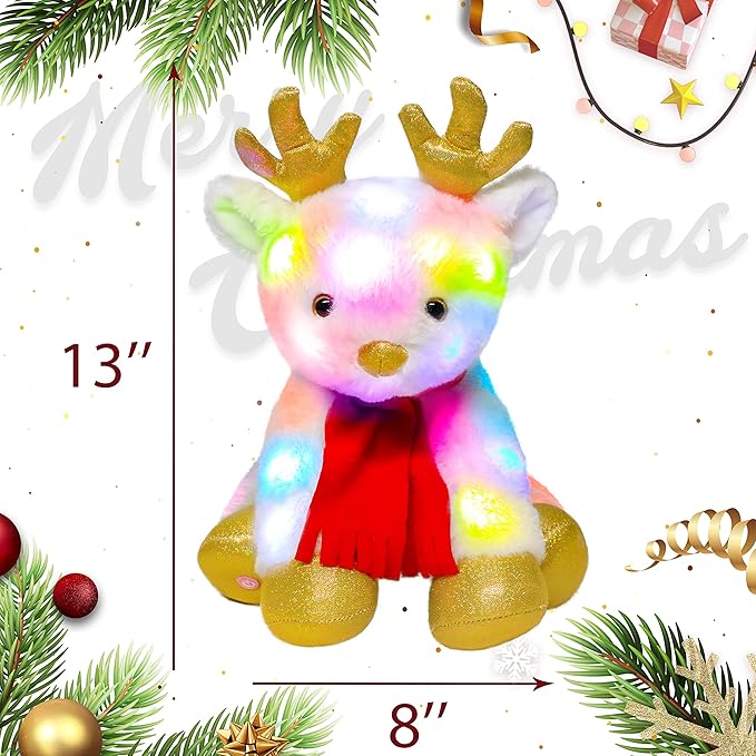 Cuteoy Light-up Singing Plush White Reindeer LED Musical Stuffed Animal Elf Adjustable Volume Lullaby Plushies Birthday Christmas Toy Gifts for Kids Toddler Girls, 13"