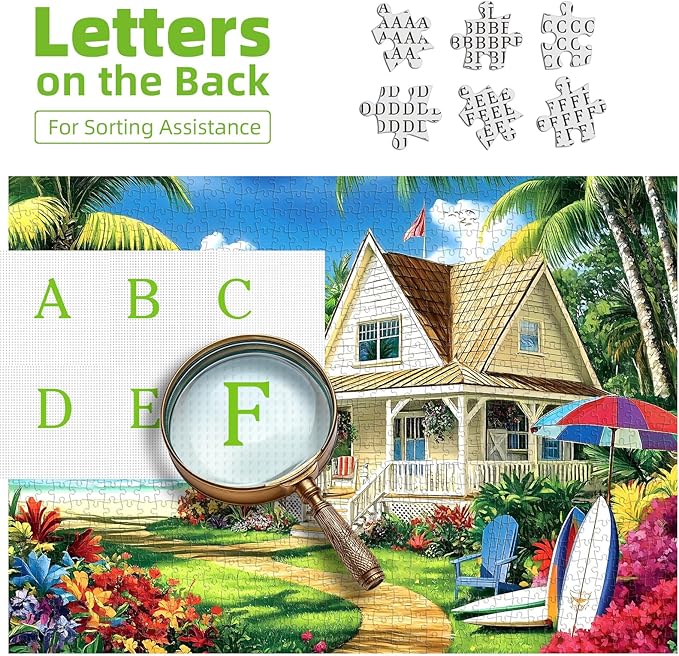 Beach House Paradise 1000 Piece Jigsaw Puzzle for Adults - Tropical Ocean Scene with Palm Trees, Sailboats & Coastal Cottage - Challenging Puzzle Games, Summer Beach Landscape, Nature Scenery Art