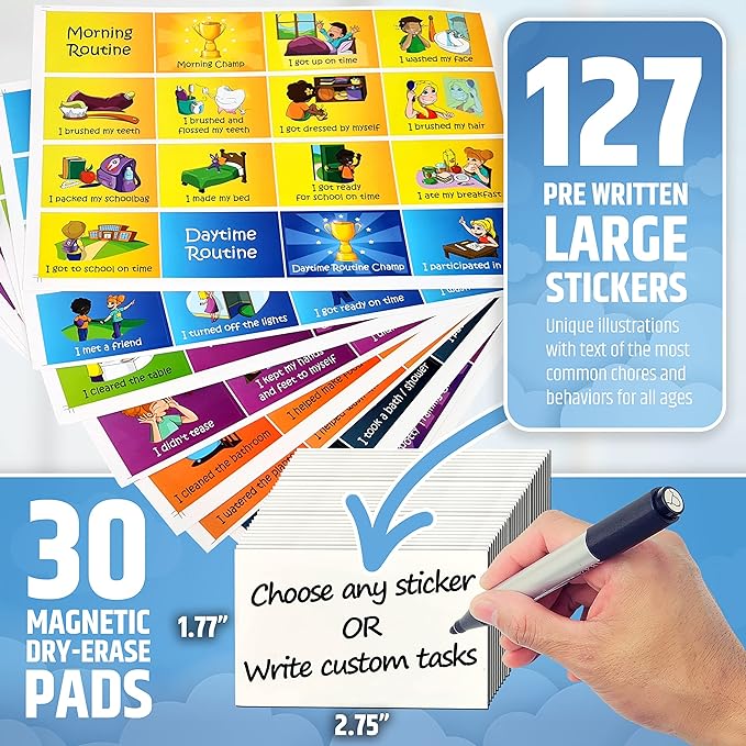 Large Magnetic Reward Chart for Multiple Kids (1-3 Kids) - 127 Pre-Written Stickers (Including Potty Training) + 30 Custom Chores - Behavior, Responsibility & Incentive Star Chart for Your Fridge