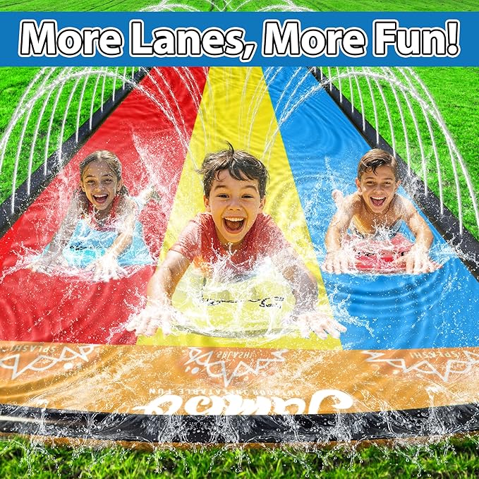 JAMBO Premium Triple Water Slide with 3 Bodyboards, 20Ft Heavy Duty Slip Splash and Slides-Advanced 3-Way Sprinkler System, Splash Pad Mat Backyard Summer Outdoor Water Toys n Long Slides for Kids