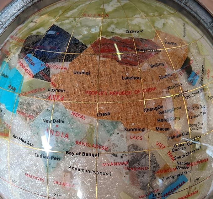 Limited Edition! Unique Art Since 1996 Pearl Swirl Table Top Gemstone World Globe with Tripod Vintage Copper Zinc Alloy Stand (220MM/9 INCHES/PEARL OCEAN/COPPER)