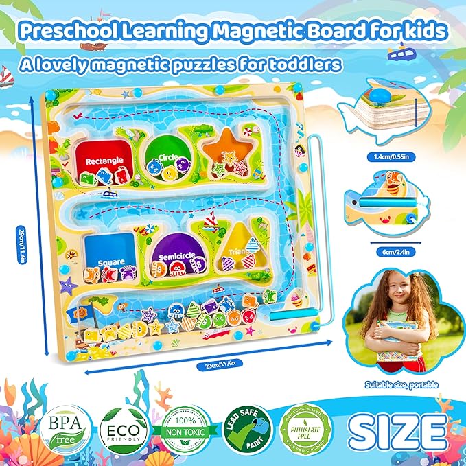 FCSONU Magnetic Color & Shape Maze, Toddler Montessori Toys for 3 4 5 Years Old Boy Girl Birthday Gifts, Wooden Magnetic Board for Kids Puzzles, Color Shape Sorting Magnet Toys, Preschool Activities