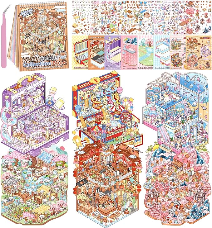 DIY 3D House Stickers, 6 Sets Fun DIY Stickers Scene Make Your Own Mini House Cute Cartoon Animal Scene Stickers for Kids Adult Sticker Art Relief Stress Pass The Time