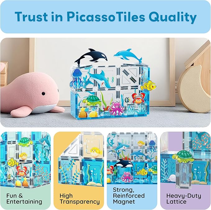 PicassoTiles 26pcs Magnetic Tiles Magnet Tile Building Blocks Marine Animal World Themed Set with 8 Ocean Character Action Figures STEM Learning Toy Construction Toddlers Boys Girls Ages 3+ PTQ25