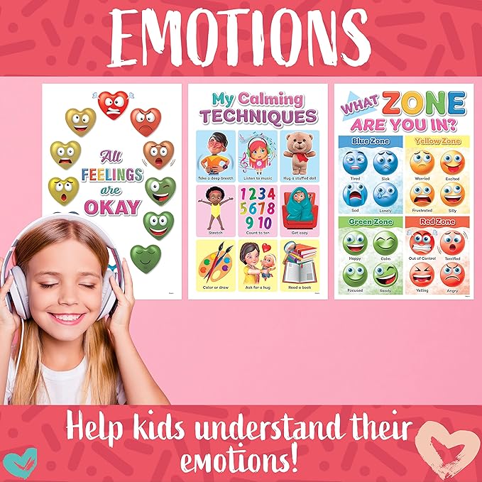DeeDee's Workshop 4 Feelings Chart For Kids, Zones of Regulation Poster, Emotions Poster, Emotion Chart for Kids, Emotional Regulation, Set of 4 (11 x 17 inches)