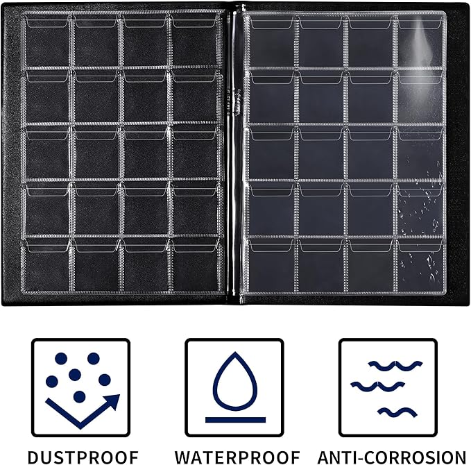 200 Pockets Coin Album - Coin Collecting Book with 10 Pages, 33x33 mm Grid Holder for Pounds Pence Cents Dollars Nickel (Black) CS48200BK