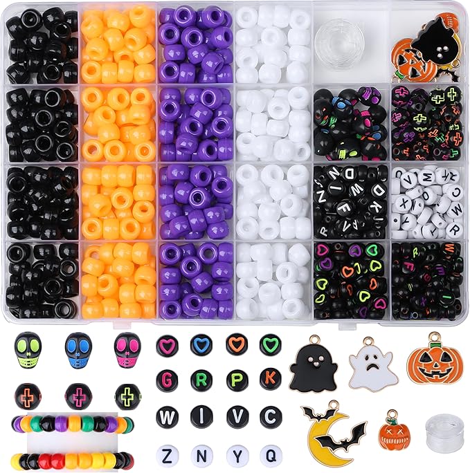XIANNVXI 10Colours Halloween Pony Letter Beads Set Friendship Bracelet Making Kit 640pcs Orange Purple White Letter Pony Beads Bulk
