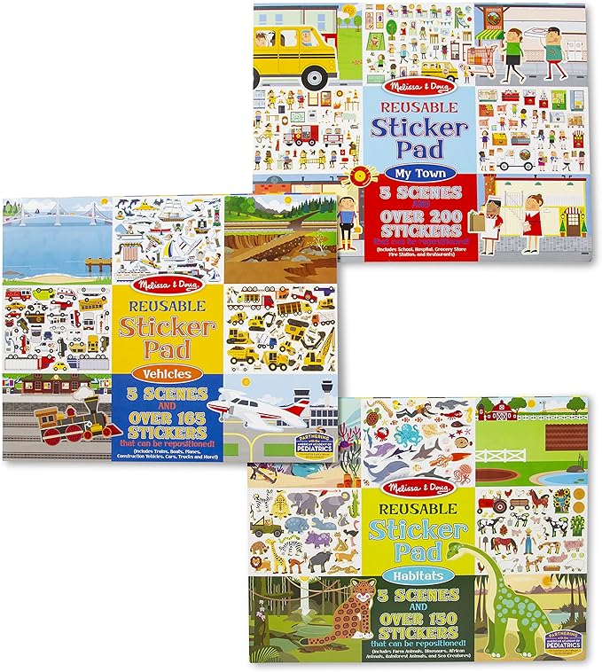 Melissa & Doug Reusable Sticker Pads Set: Habitats, Vehicles, Town: 115 Stickers