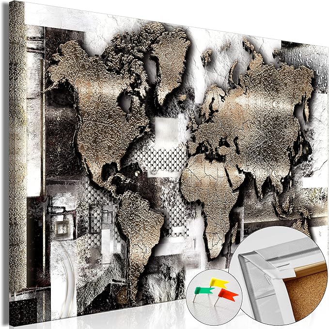 artgeist Pinboard World Map 35x24 in - Cork Board & Canvas Print Wall Art 1 pcs Memoboard with 50 Pins Noticeboard Message Board Image Picture Home Decor Travel Map k-A-0506-p-a
