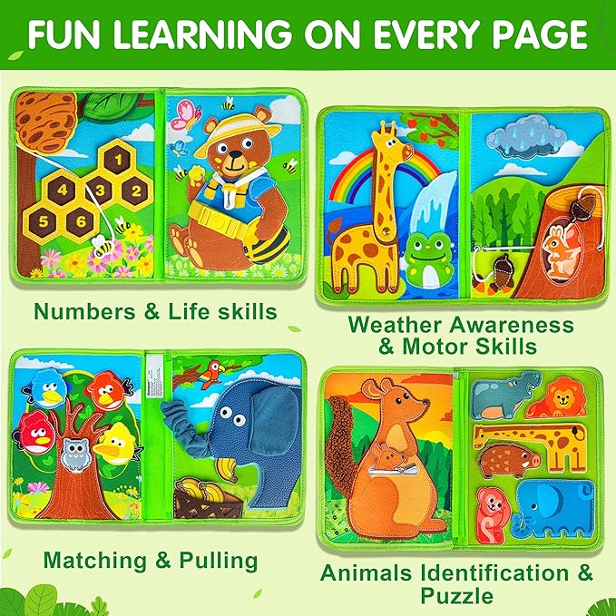 Quanquer Animal Busy Book for Toddlers 1-3 - Montessori Sensory Felt Activity Book for 1 Year Old Boys and Girls, Educational Travel Toy for Airplane Car, Christmas Birthday Gifts for Toddlers